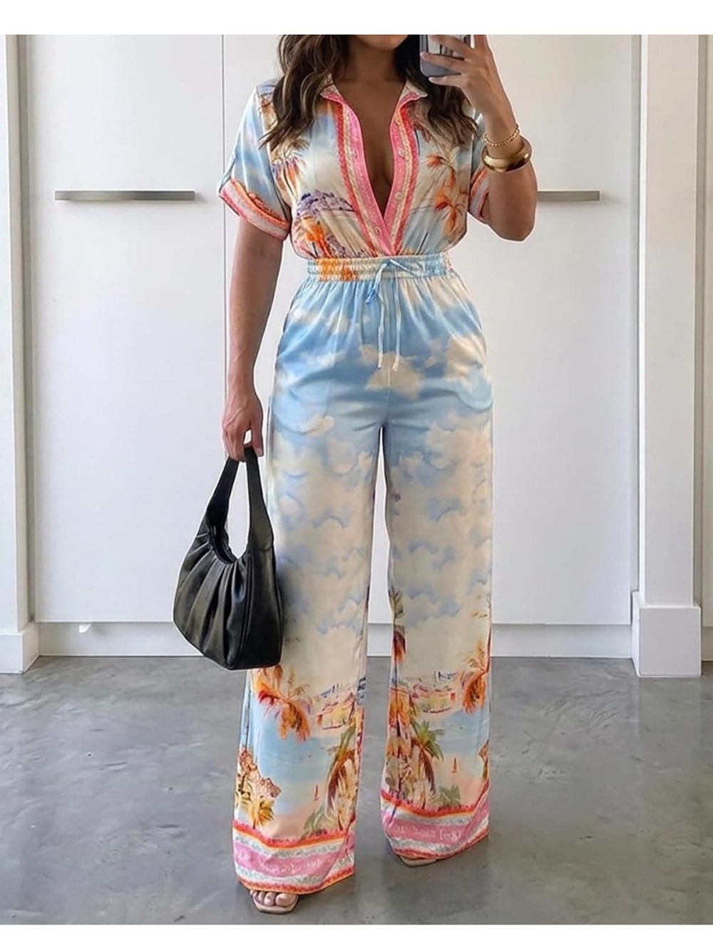 Printed Wide-Leg Jumpsuit in Sky Blue and Cream Tropical Print - NWOT  Size M